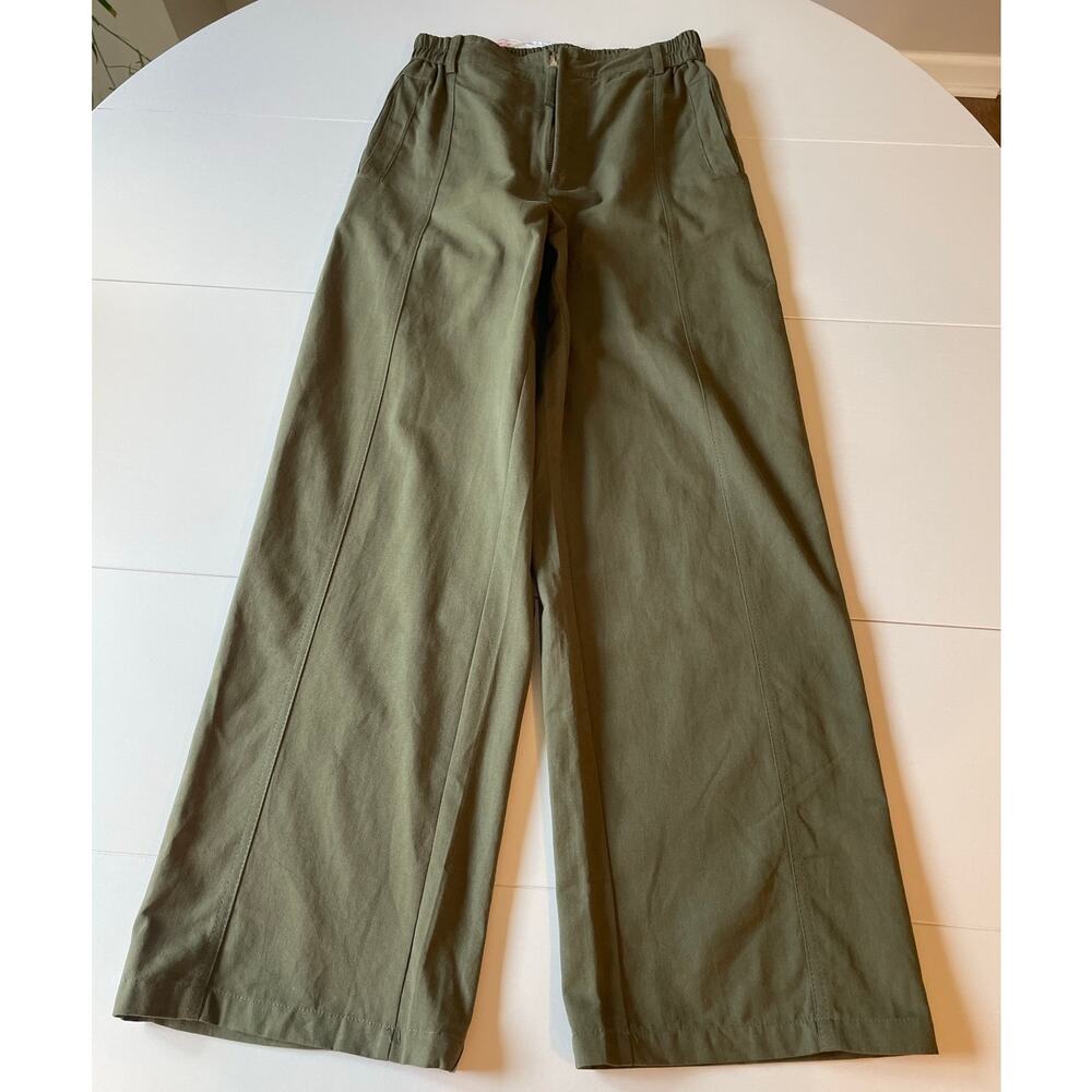 Qinsen NWT Wide Leg Cotton Cargo Pants Sz XS Green Pockets Casual Granola Girl - Picture 9 of 16